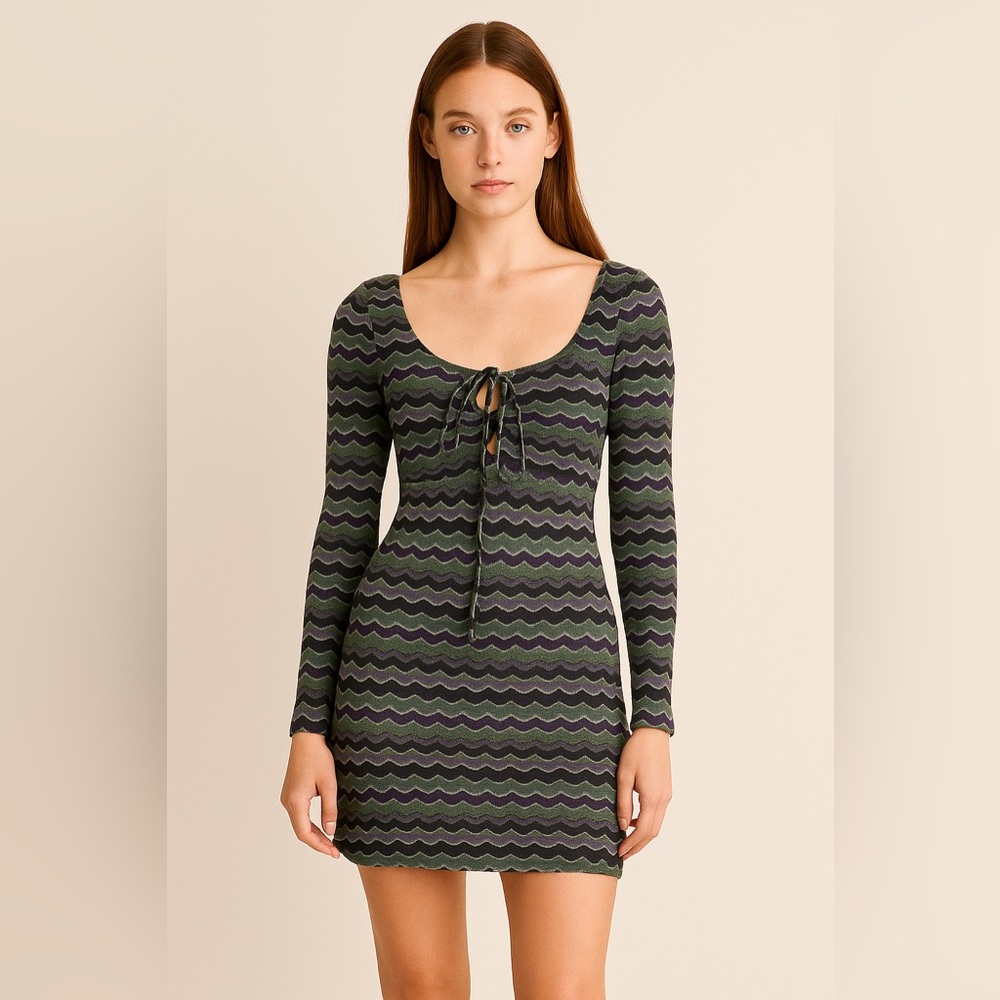 Zara Mini Dress Womens Long Sleeve Knit Purple Green Wave Pattern NWT Size S
